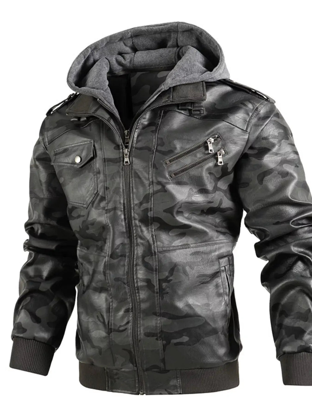 Men's Full Size Camouflage Hooded Faux Leather Jacket Plus Size by Partner Label
