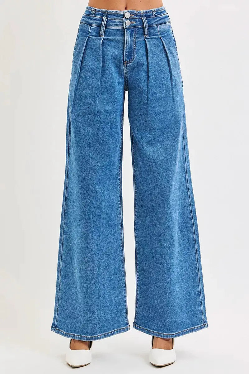 RISEN Full Size Mid Rise Fit Wide Leg with Pleated Detail Jeans Plus Size by RISEN