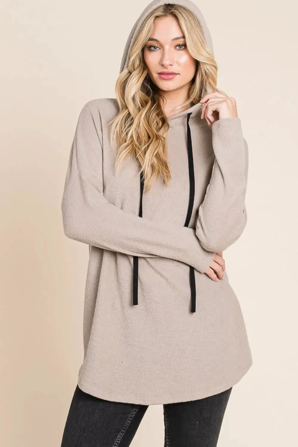 BOMBOM Contrast Drawstring Drop Shoulder Knit Hoodie by BOMBOM