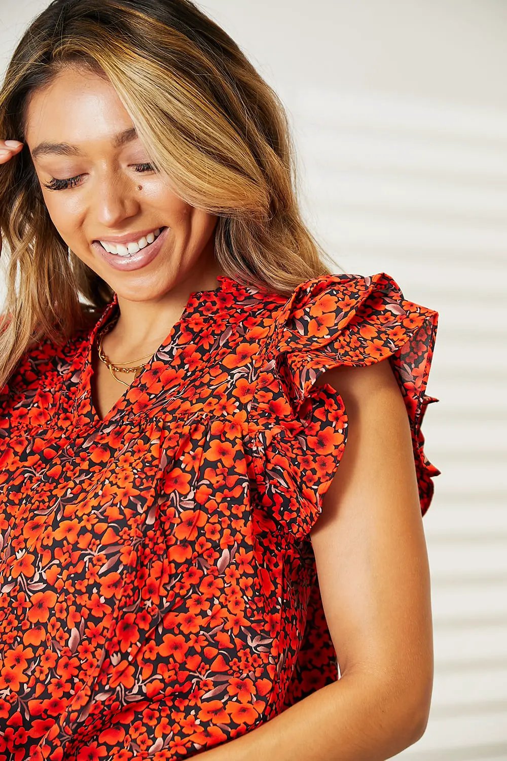 Double Take Floral Flutter Sleeve Notched Neck Blouse by Double Take