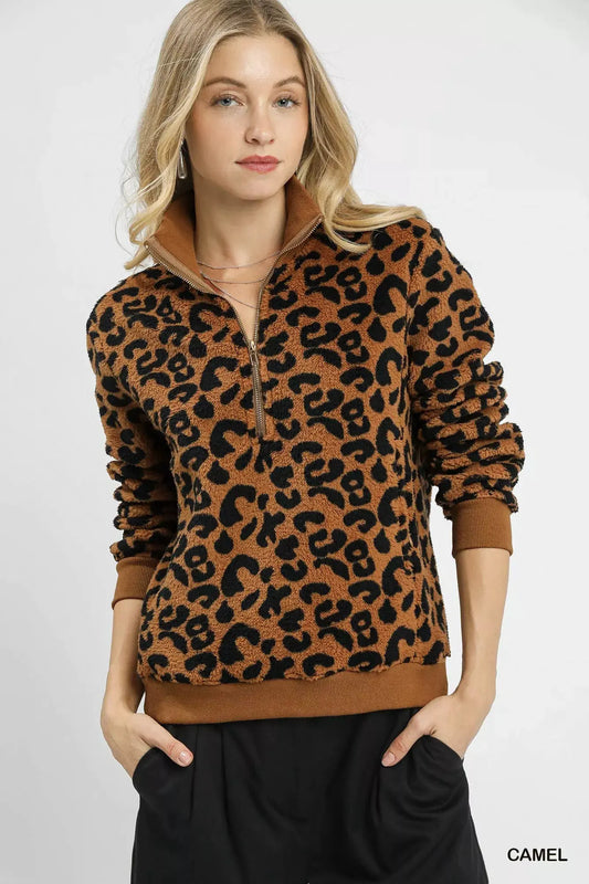 Umgee Leopard Print Quarter-Zip Sweatshirt by Umgee