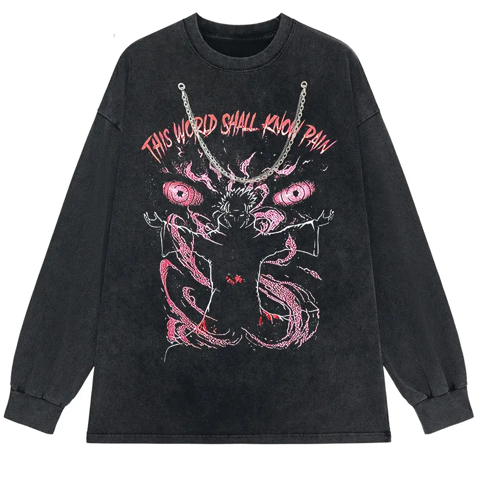 Anime Pain Print Vintage Washed T-Shirt 100% Cotton Harajuku Streetwear by Vimost Shop