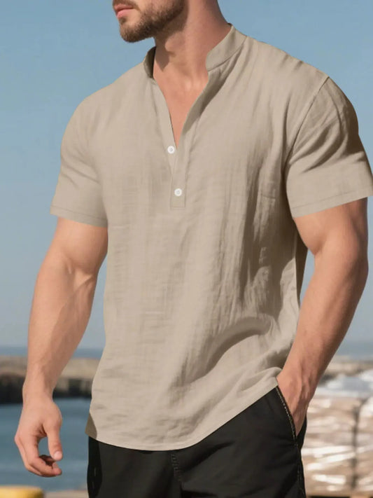 Men's Full Size Casual Linen Blend Short Sleeve Shirt Plus Size by Trendsi