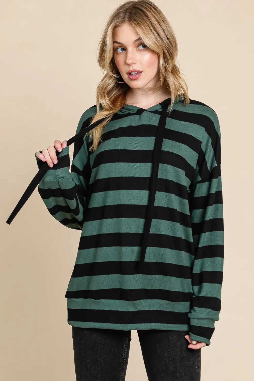BOMBOM Drawstring Striped Dropped Shoulder Hoodie by BOMBOM