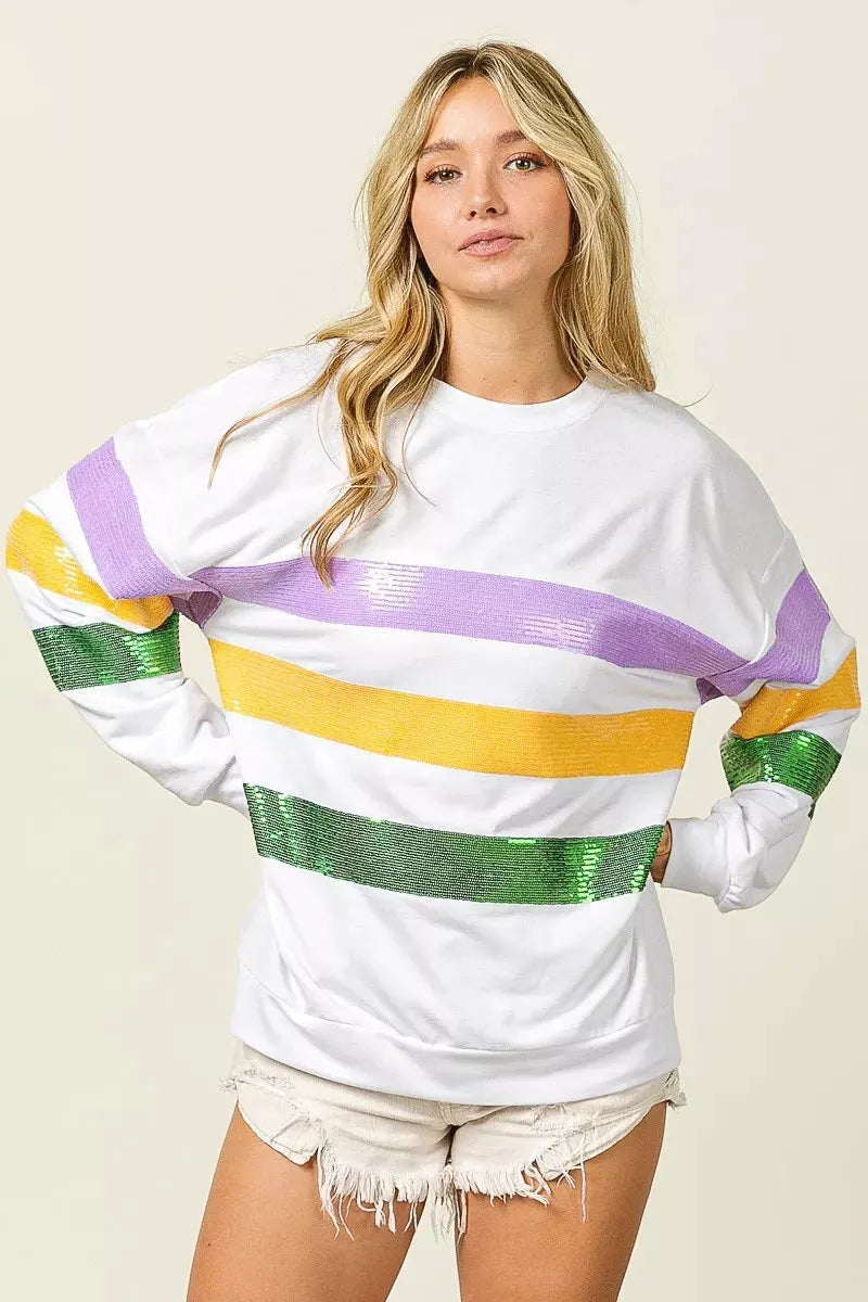 BiBi Sequin Mardi Gras Striped Round Neck Sweatshirt by BiBi