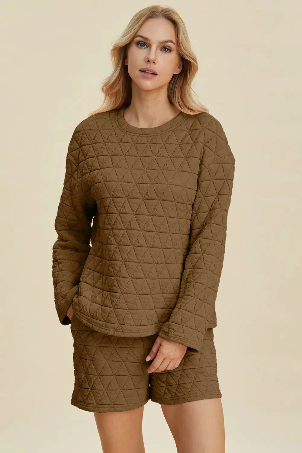Double Take Full Size Texture Round Neck Long Sleeve Top and Shorts Set by Double Take