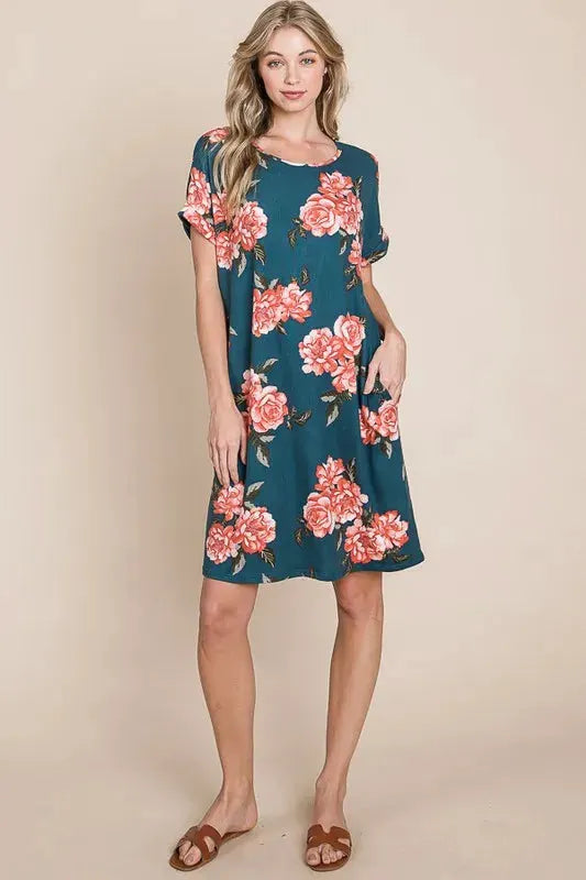 BOMBOM Floral Round Neck Short Tee Dress with Pockets by BOMBOM