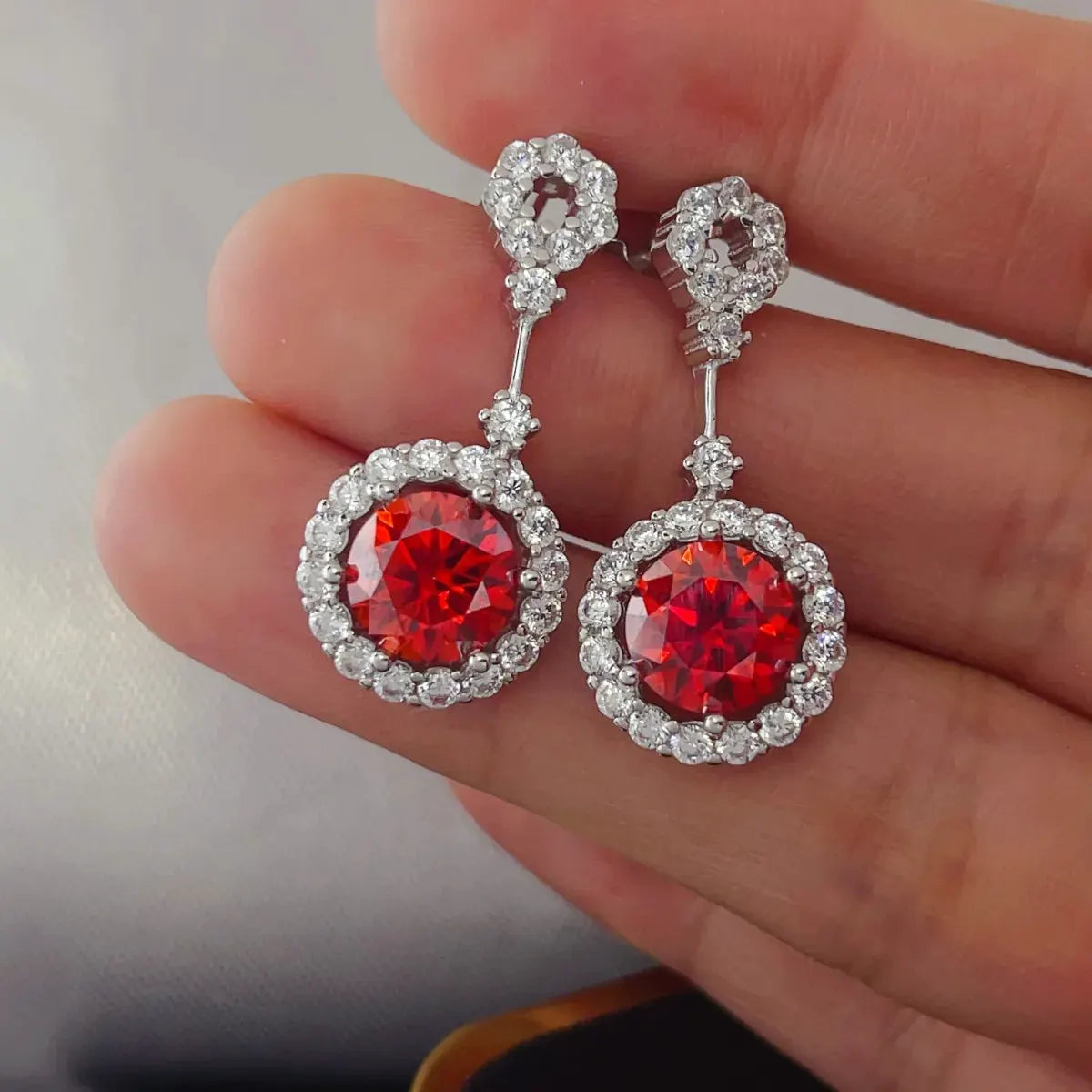 4 Carat Ruby Red Crystal Drop Earrings with Rhinestone Halo by Partner Label