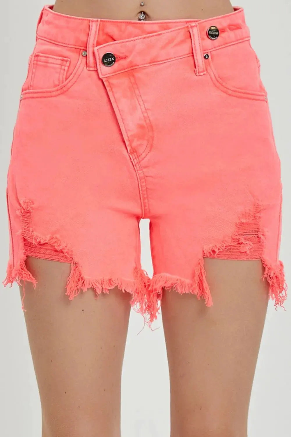 RISEN Raw Hem Asymmetrical Waist Denim Shorts by RISEN