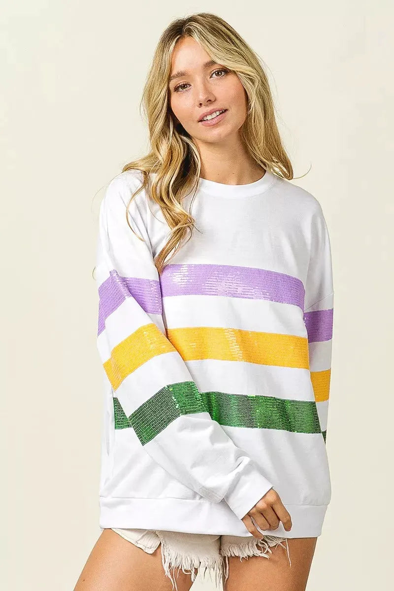 BiBi Sequin Mardi Gras Striped Round Neck Sweatshirt by BiBi