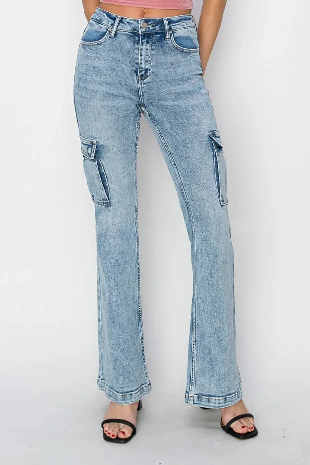 RISEN Full Size High Rise Cargo Flare Jeans by RISEN