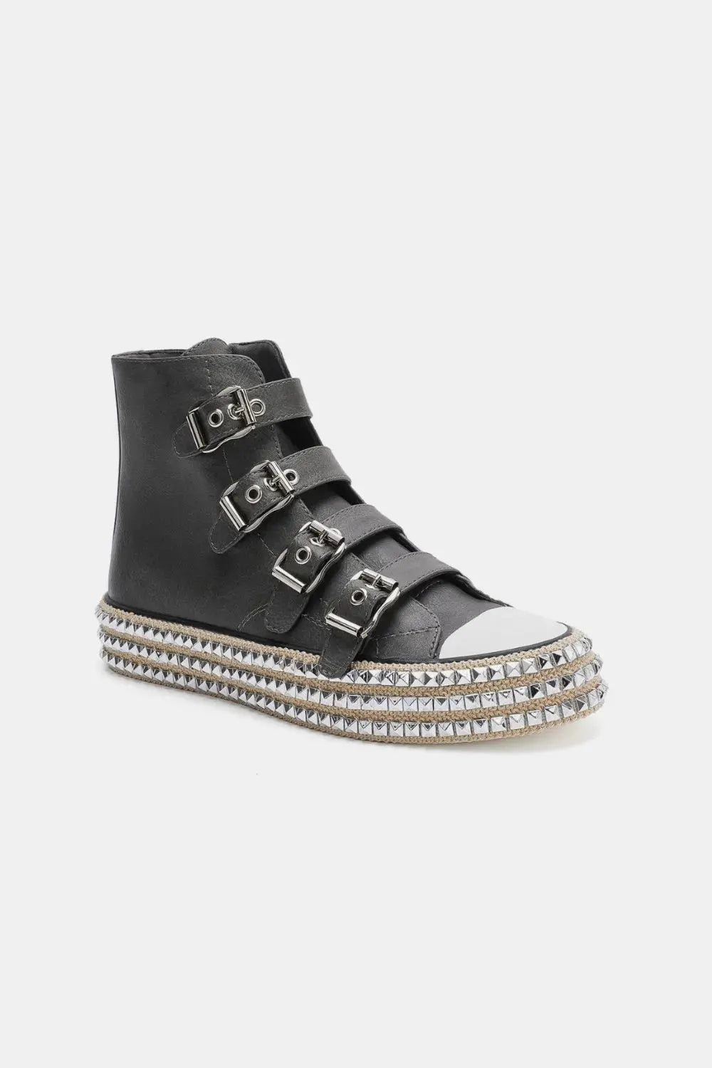 Beast Fashion Multi-Buckle Straps Studded Platform Sneakers by Beast Fashion