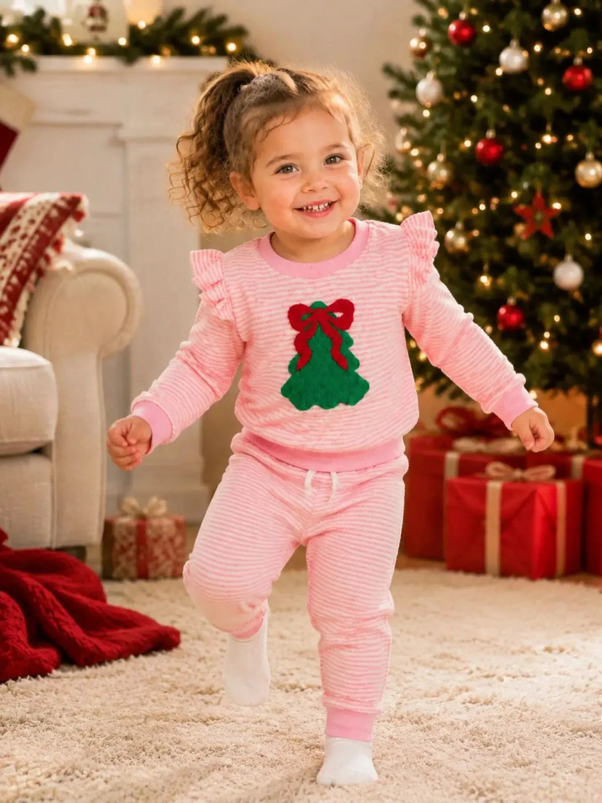 Children's Striped Christmas Tree Ruffle Pajama Set by Trendsi