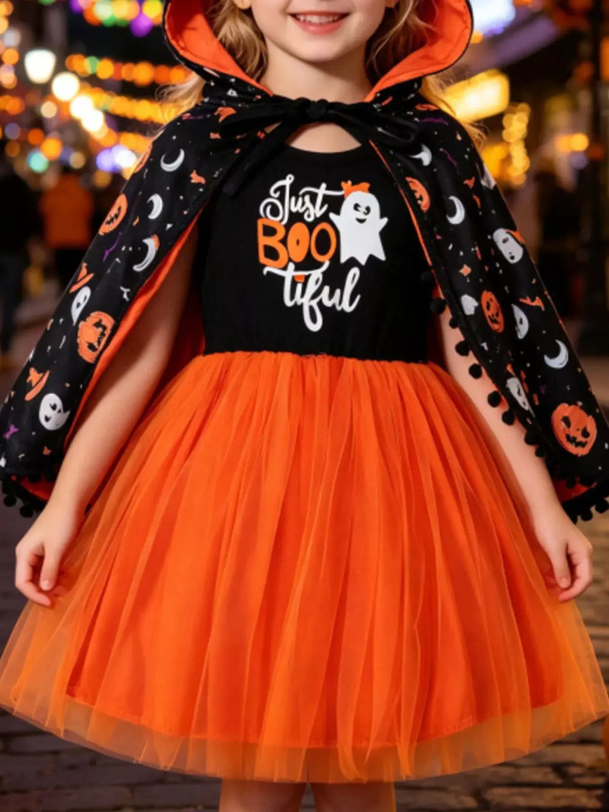 Children's Halloween Ghost Graphic Dress and Hooded Cape Set by Trendsi