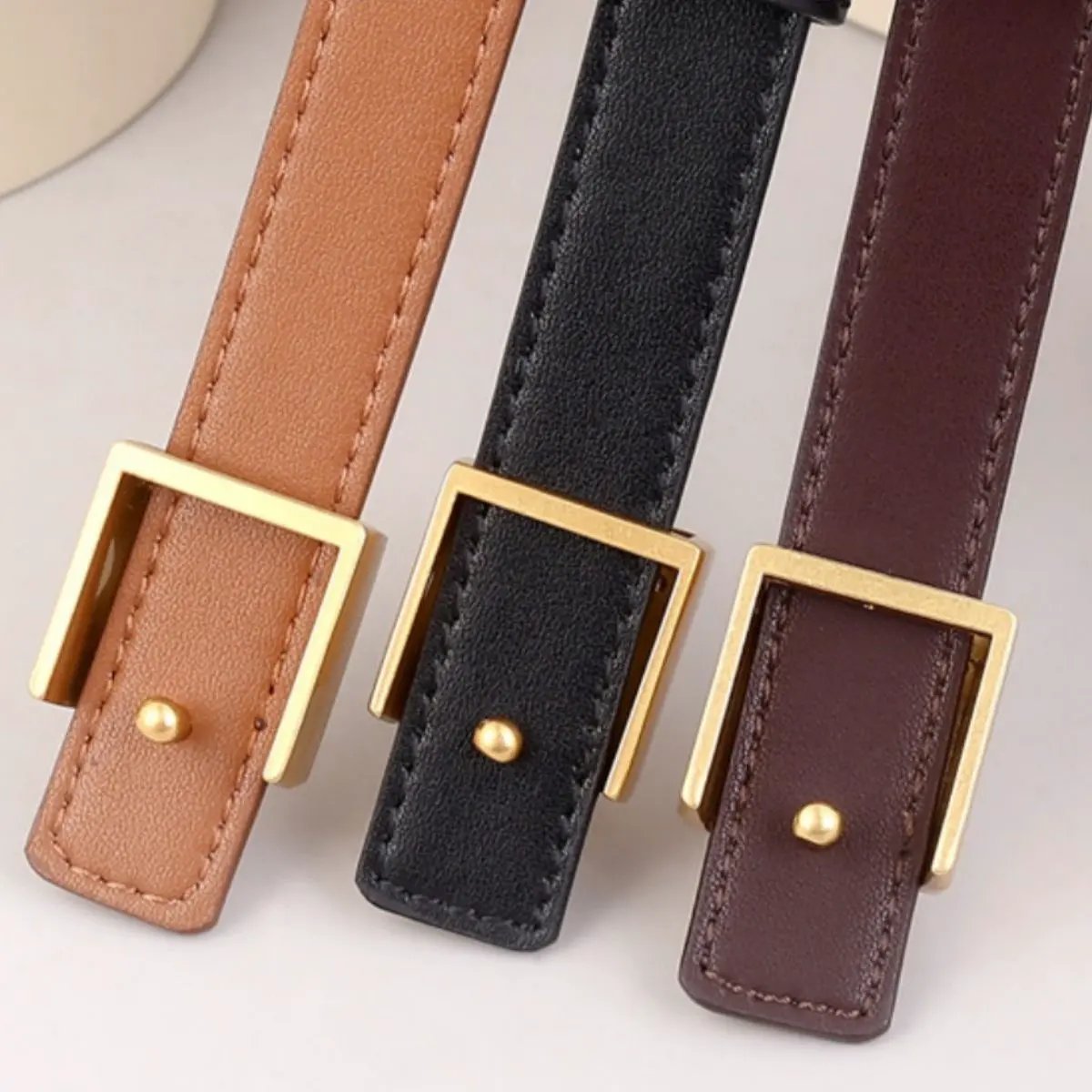 Square Buckle Skinny Leather Belt by Trendsi
