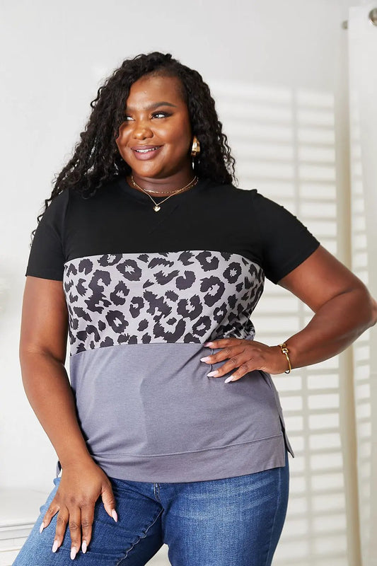 Double Take Leopard Print Color Block Short Sleeve T-Shirt by Partner Label
