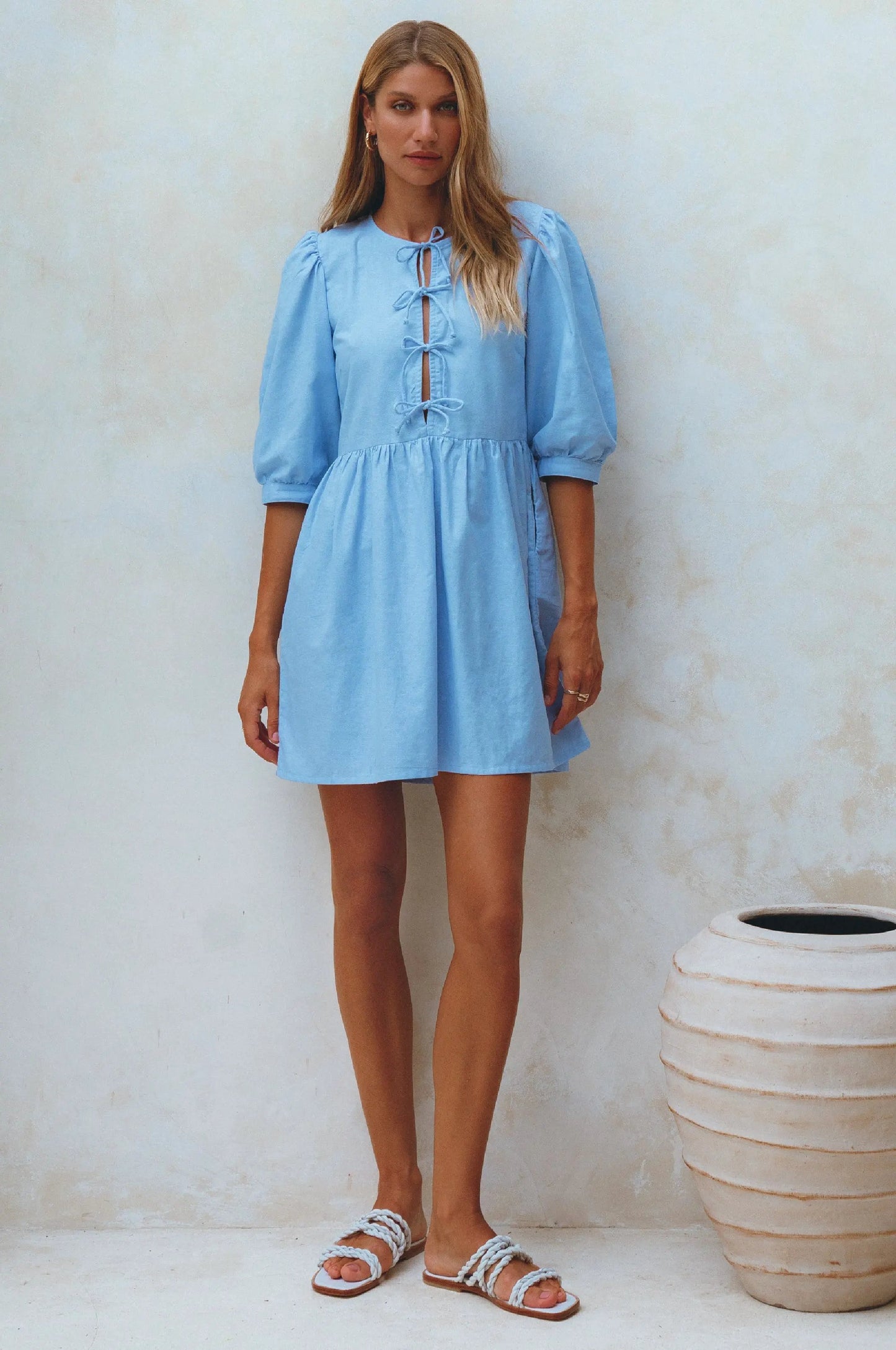Beatrice Puff Sleeve Linen Mini Dress (Sale) by ELF