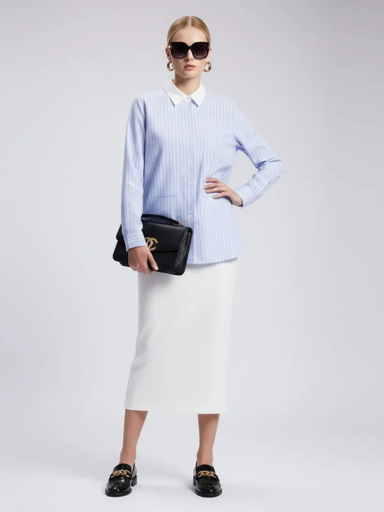 Blue Striped Shirt with Contrast Collar and Double Pockets • BYMANYC ® New York by BYMANYC ® New York