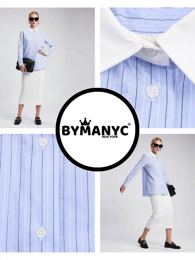 Blue Striped Shirt with Contrast Collar and Double Pockets • BYMANYC ® New York by BYMANYC ® New York