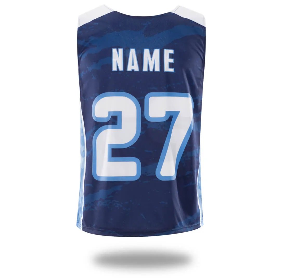 Custom Sky Blue Splatter Lacrosse Pinnies and Shorts by Vimost Sportswear