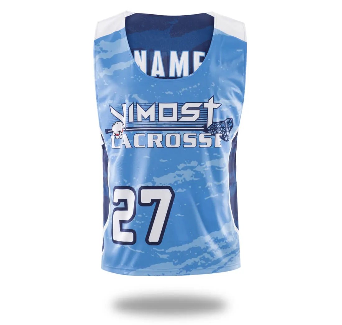 Custom Sky Blue Splatter Lacrosse Pinnies and Shorts by Vimost Sportswear