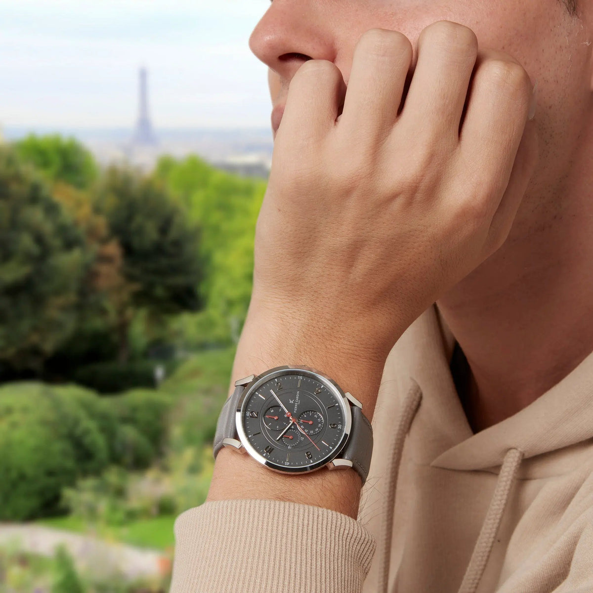 Pierre Cardin Men's Gray Leather Watch, Stainless Steel | Cpi.2025 by PIERRE CARDIN