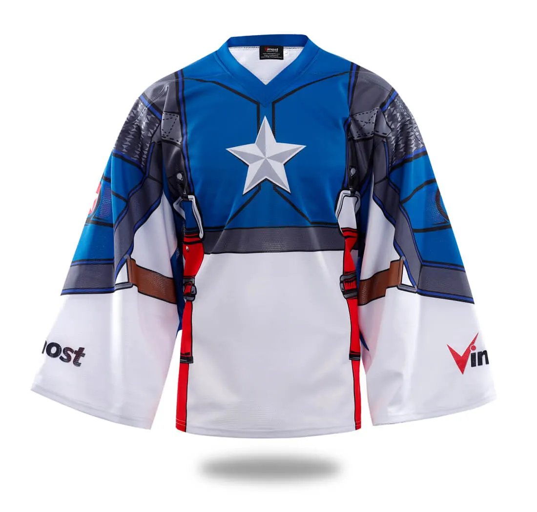 Custom Red White Blue Shield Ice Hockey Jersey by Vimost Sportswear