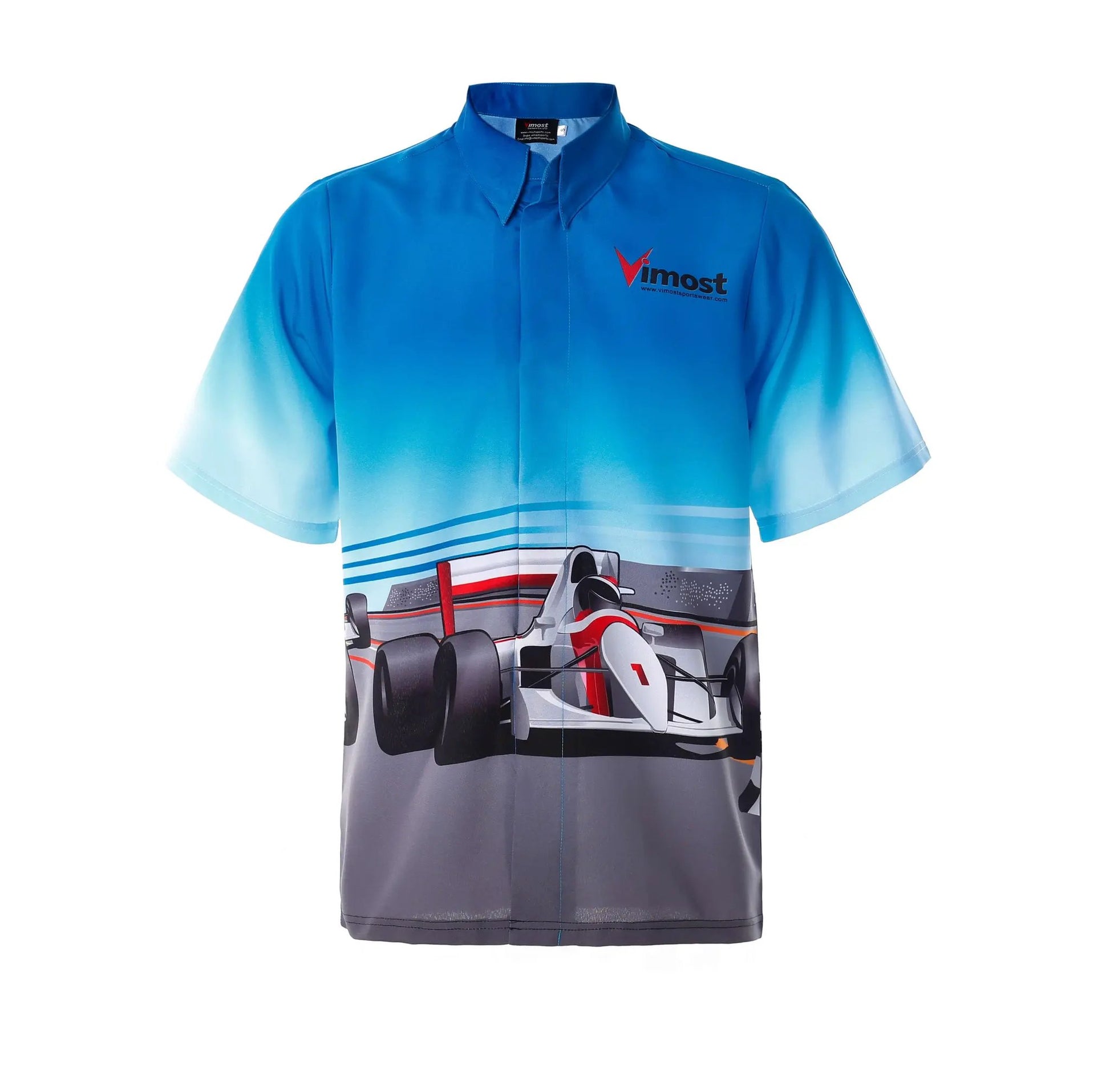 Blue F1 Racing Sublimation Button Shirt by Vimost Sportswear