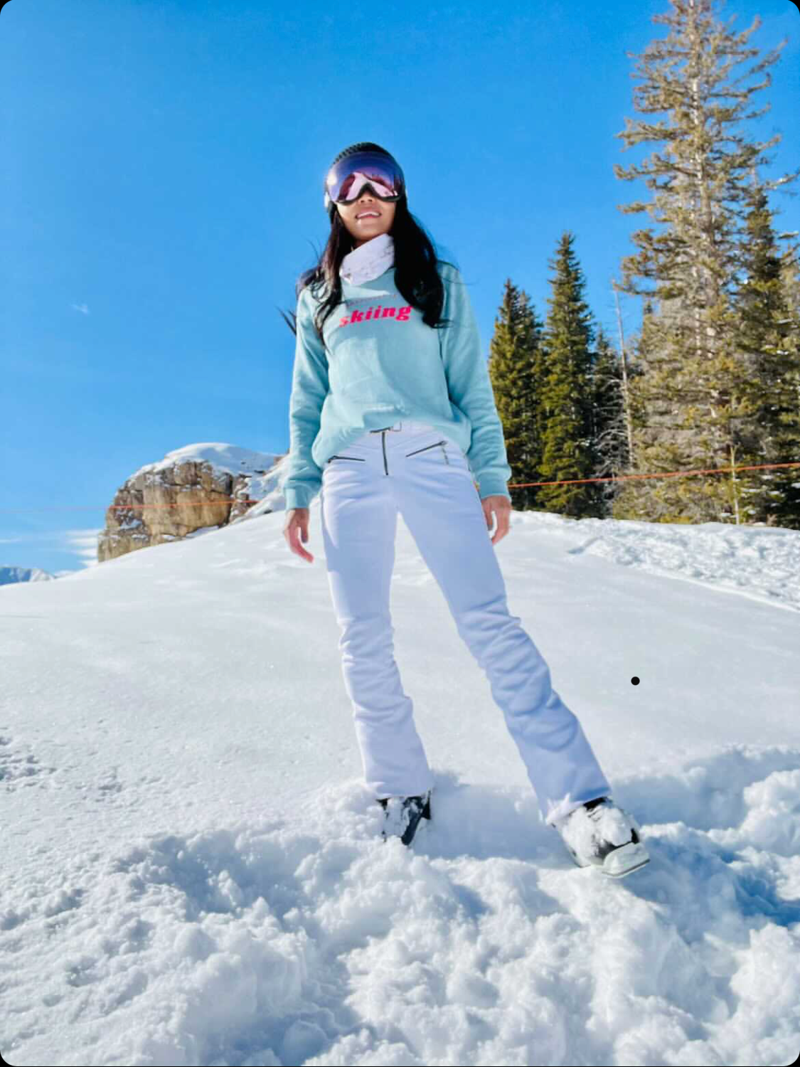 Women's Skiing Crew Sweatshirt, Teal with pink by Alpine Collection