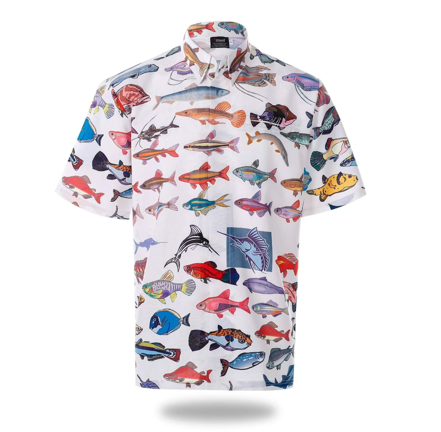 Custom White Fish Print Button Up Fishing Shirt by Vimost Sportswear