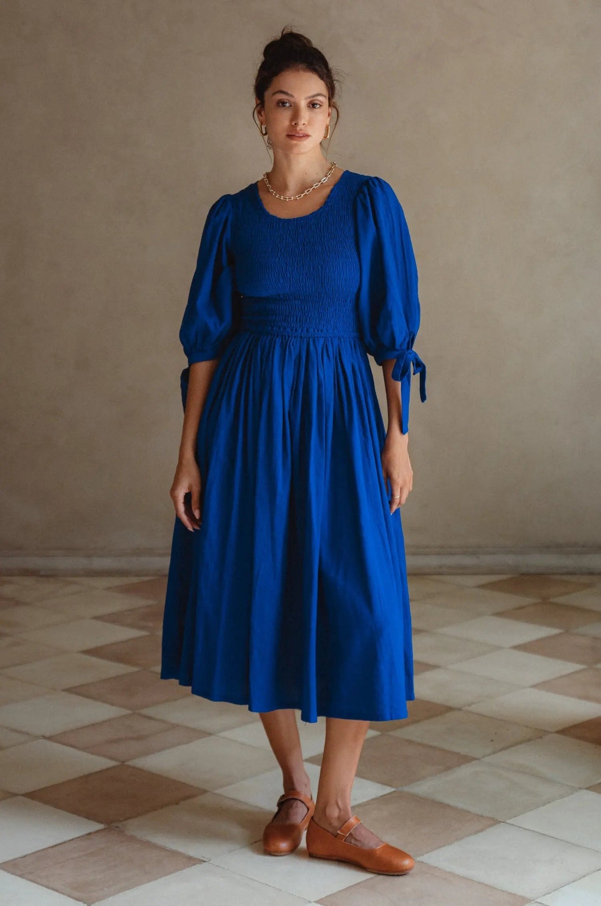Freya Smocked Linen Midi Dress by ELF