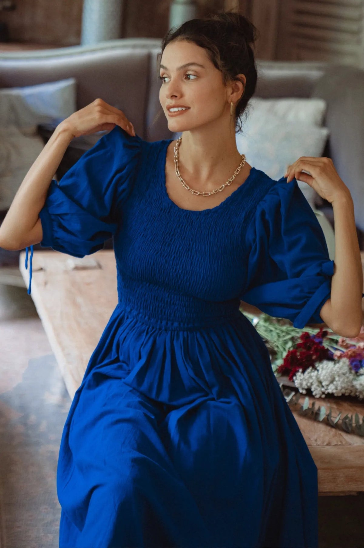 Freya Smocked Linen Midi Dress by ELF