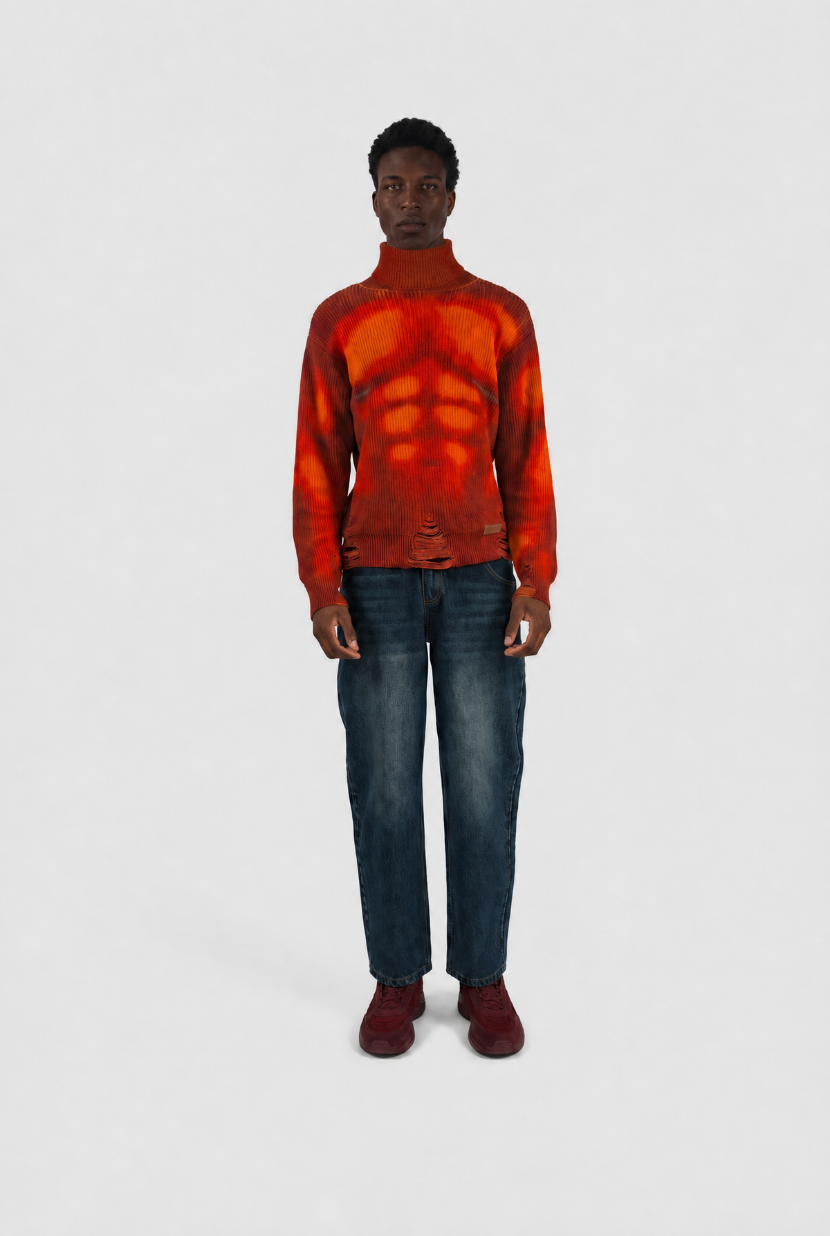 Distressed Sculpted Muscle Knit Turtleneck by Hideout