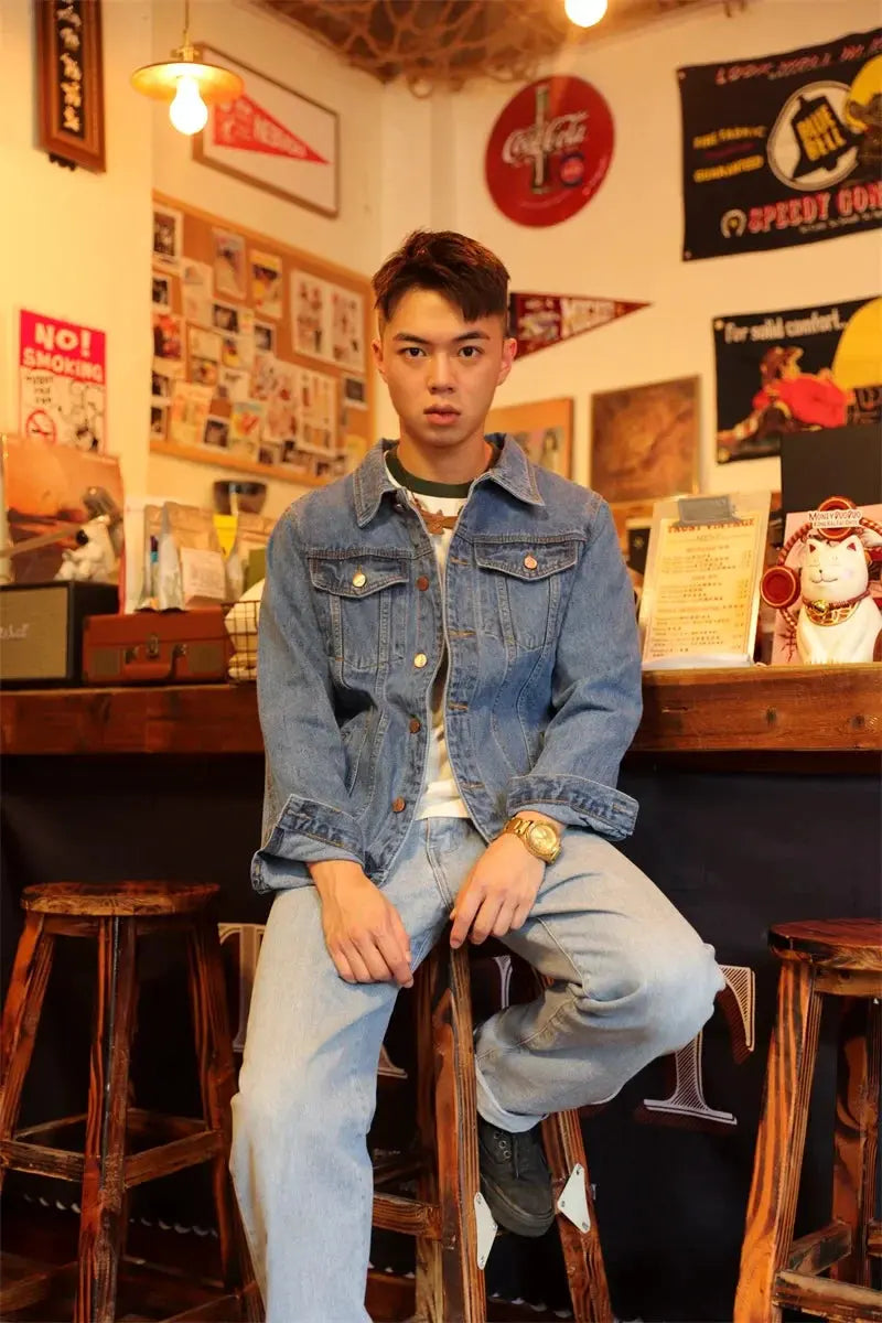 Men's Fashion Plus Size Light Blue Denim Trucker Jacket Outwear Oversized Jean Jacket by Vimost Shop