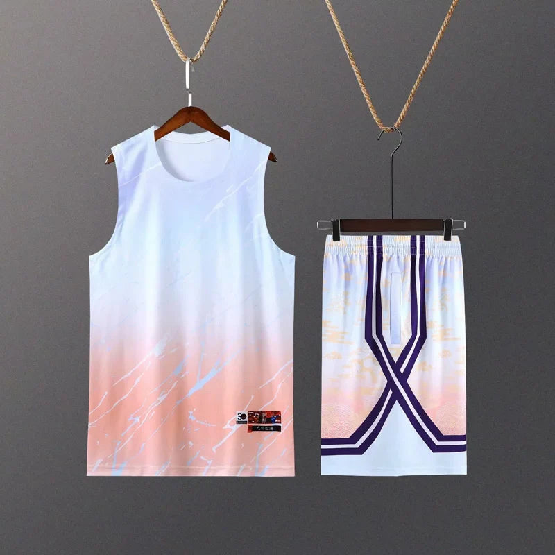 Kids Mens Custom Basketball Jersey Set Gradient Print Quick Dry Vest and Shorts Personalized Uniform by Vimost Shop