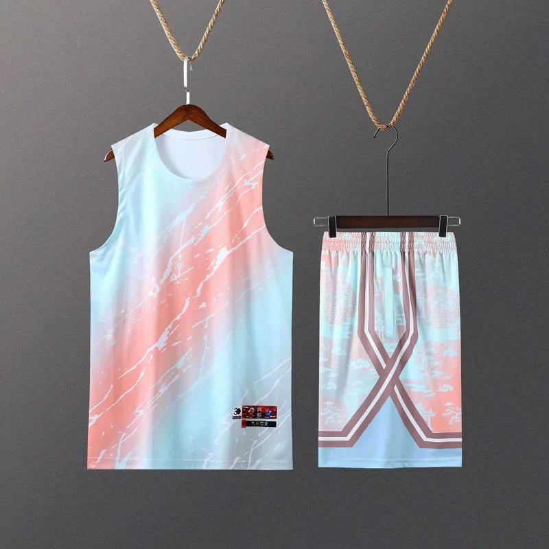 Kids Mens Custom Basketball Jersey Set Gradient Print Quick Dry Vest and Shorts Personalized Uniform by Vimost Shop