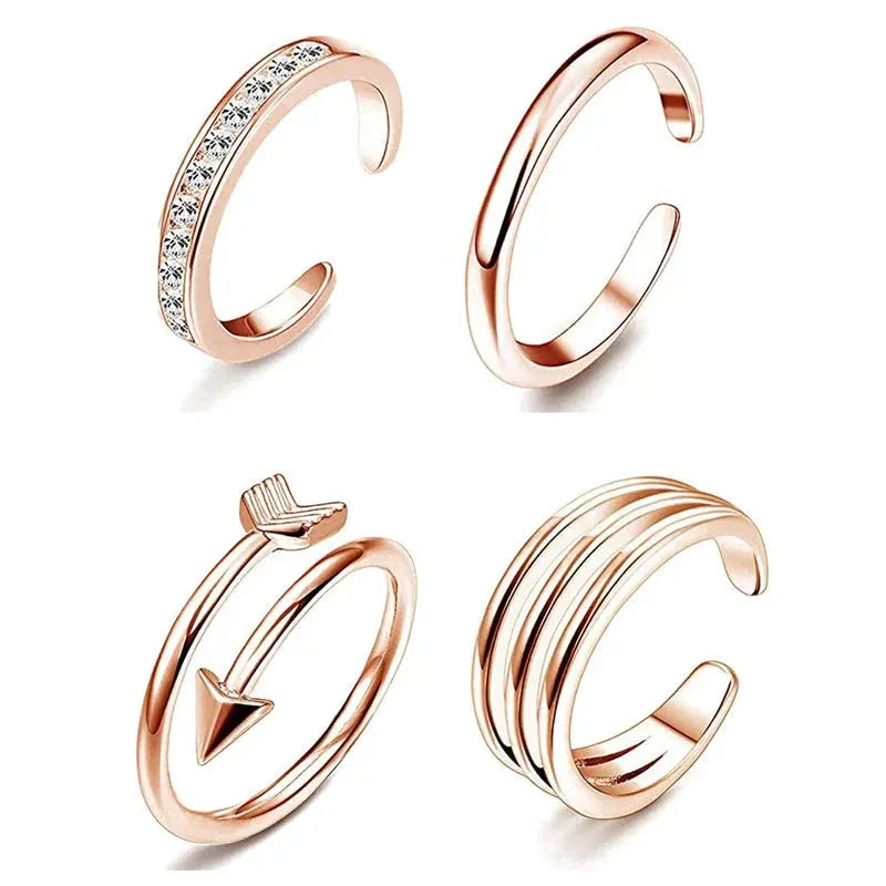 4Pcs Simple Alloy Crystal Foot Ring Adjustable Opening Toe Ring For Women Girl Summer Beach Vacation Jewelry Finger Ring by Maiden-Art
