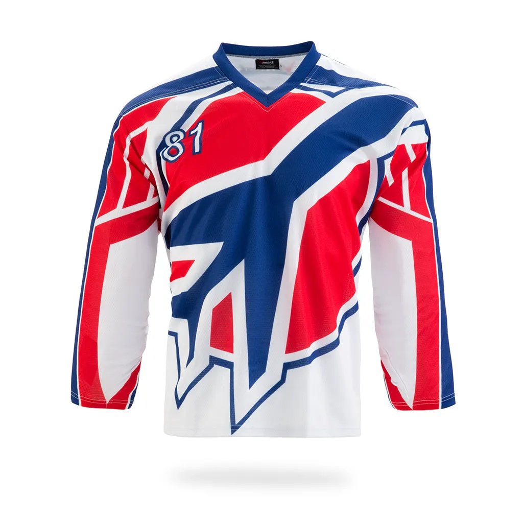 Custom White Jet Graphic Ice Hockey Jersey by Vimost Sportswear