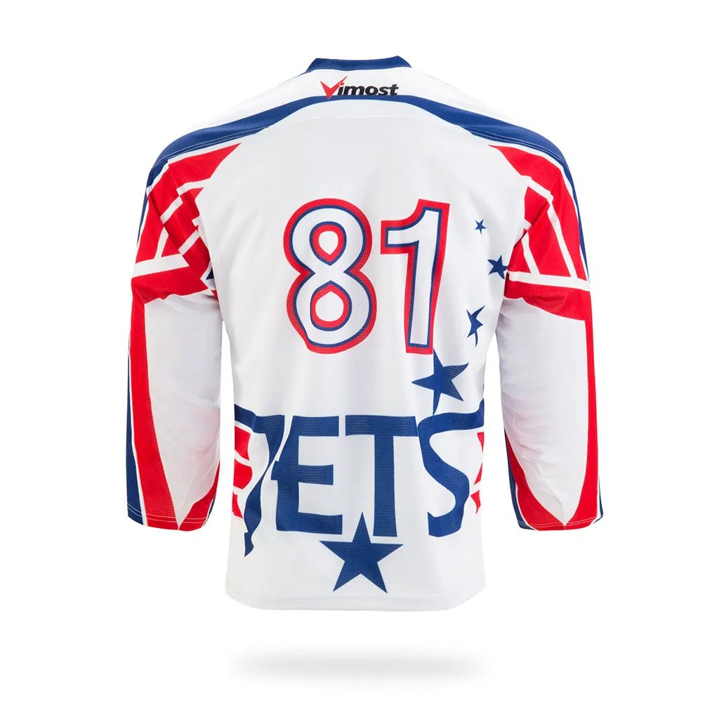 Custom White Jet Graphic Ice Hockey Jersey by Vimost Sportswear