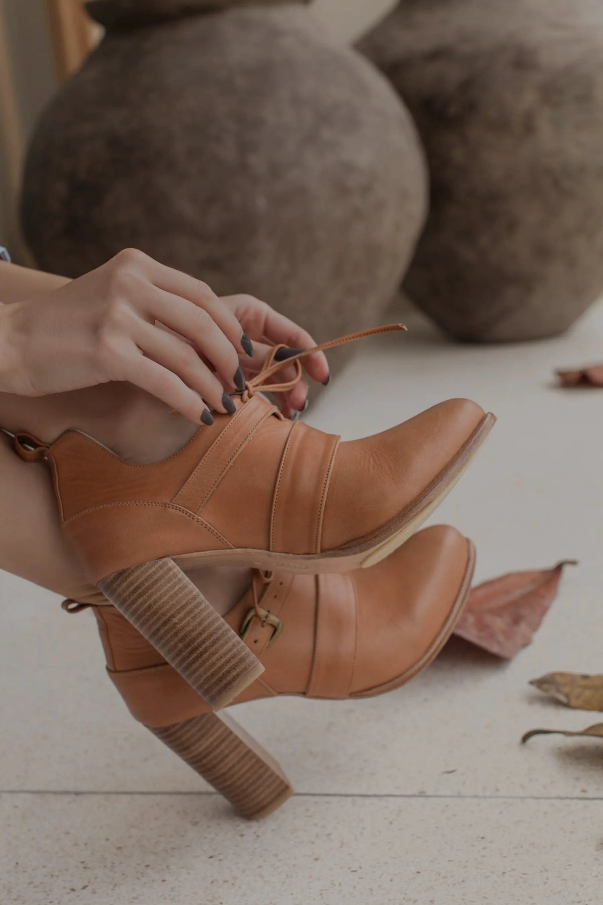 Josephine Lace-Up Leather Heel Booties by ELF