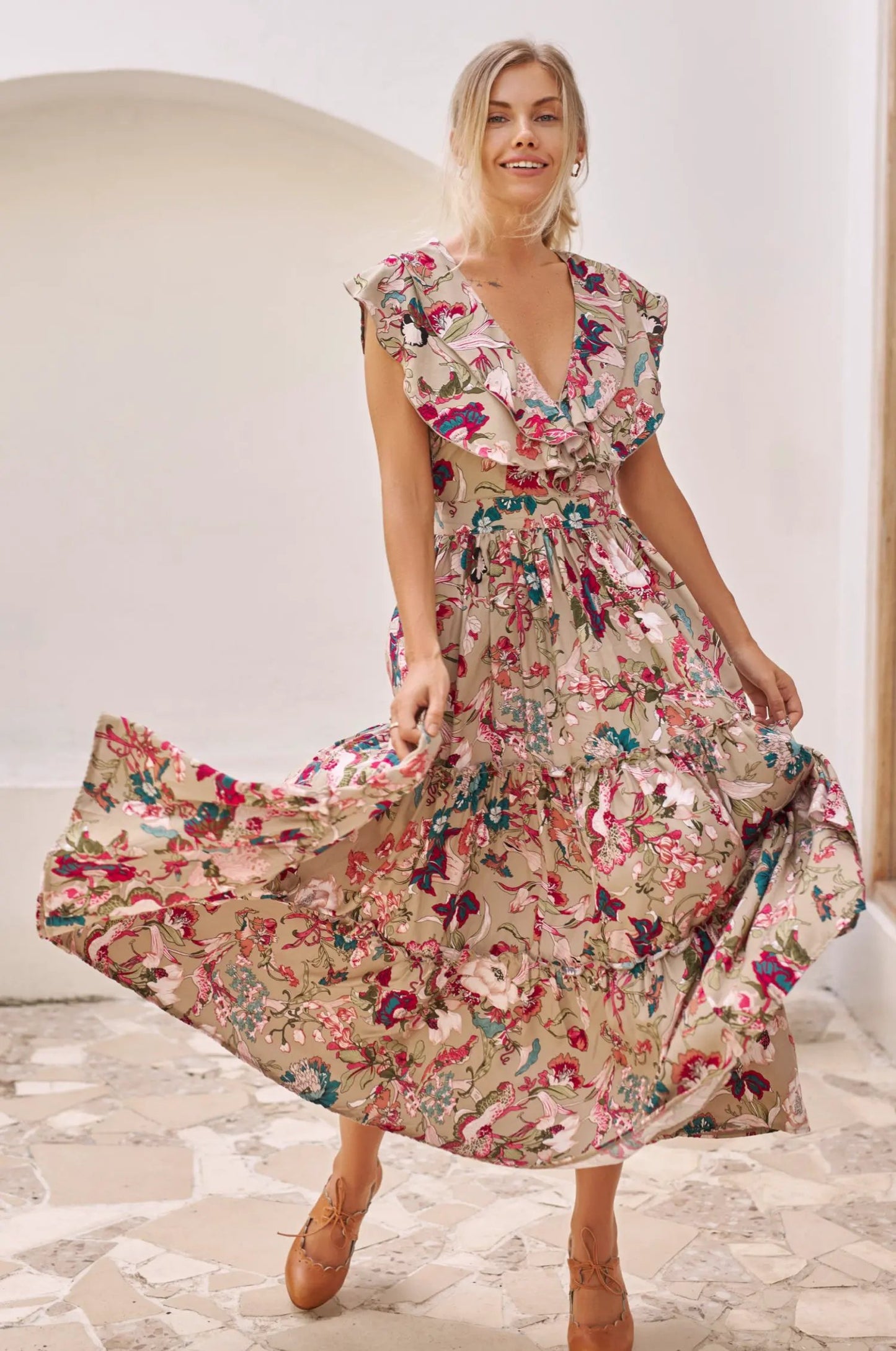 Looking Back Ruffle Midi Dress (Sale) by ELF