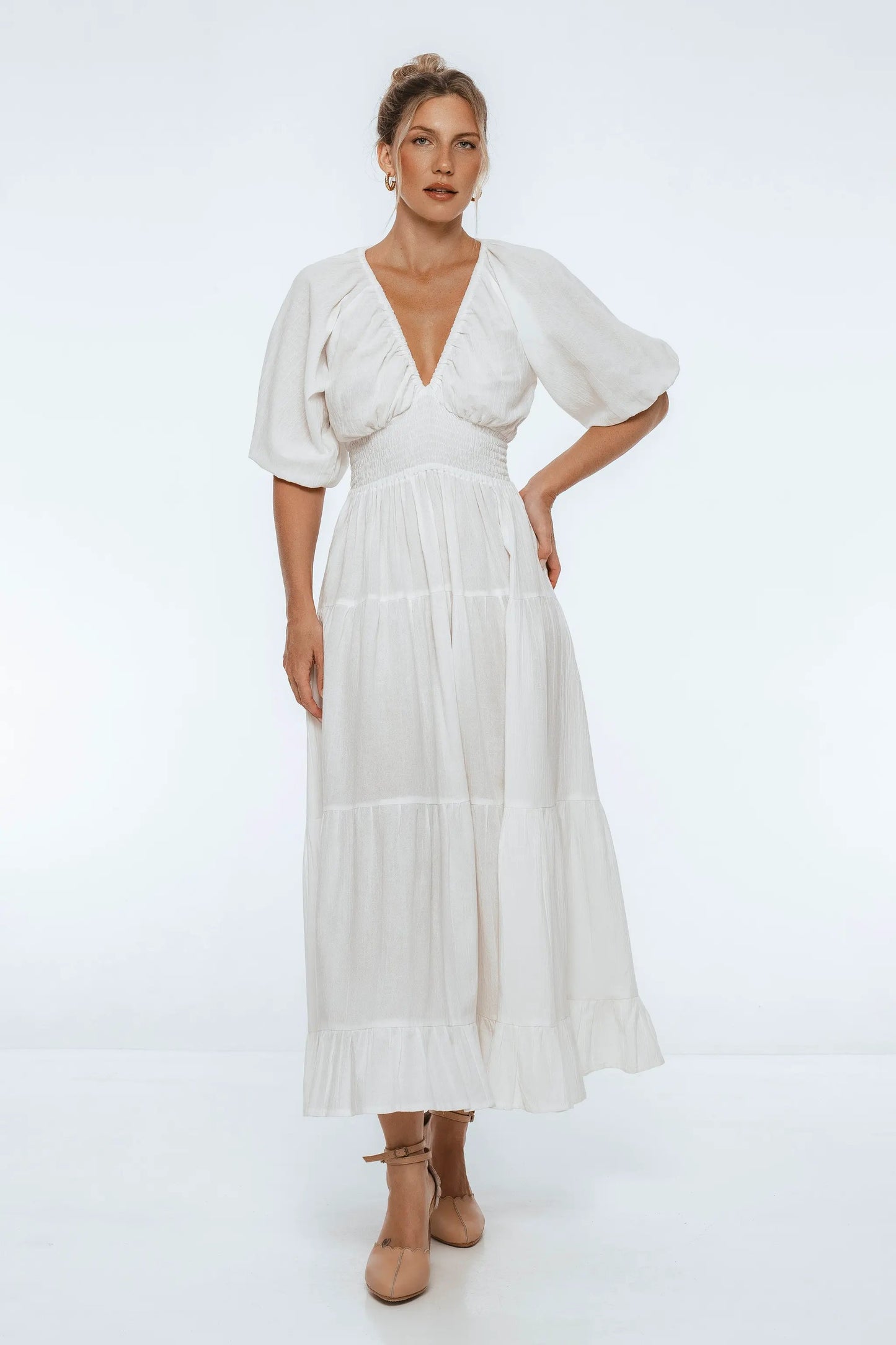 Lucienne Smocked Linen Maxi Dress by ELF
