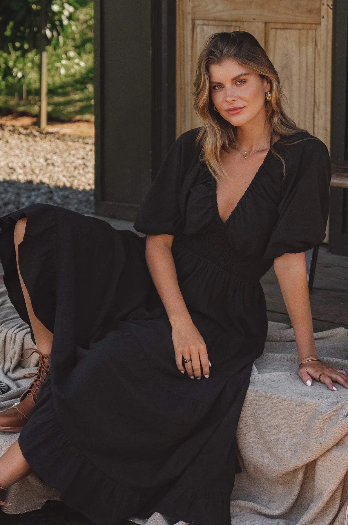 Lucienne Smocked Linen Maxi Dress by ELF