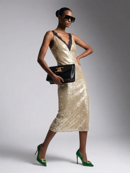 Midi Dress New Collection BYMANYC ® New York • Champagne Gold Sequins & Lace by BYMANYC ® New York