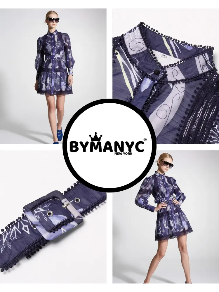 Midnight Blue Mini Dress with Snowflake Print and Guipure Lace • BYMANYC ® New York by BYMANYC ® New York