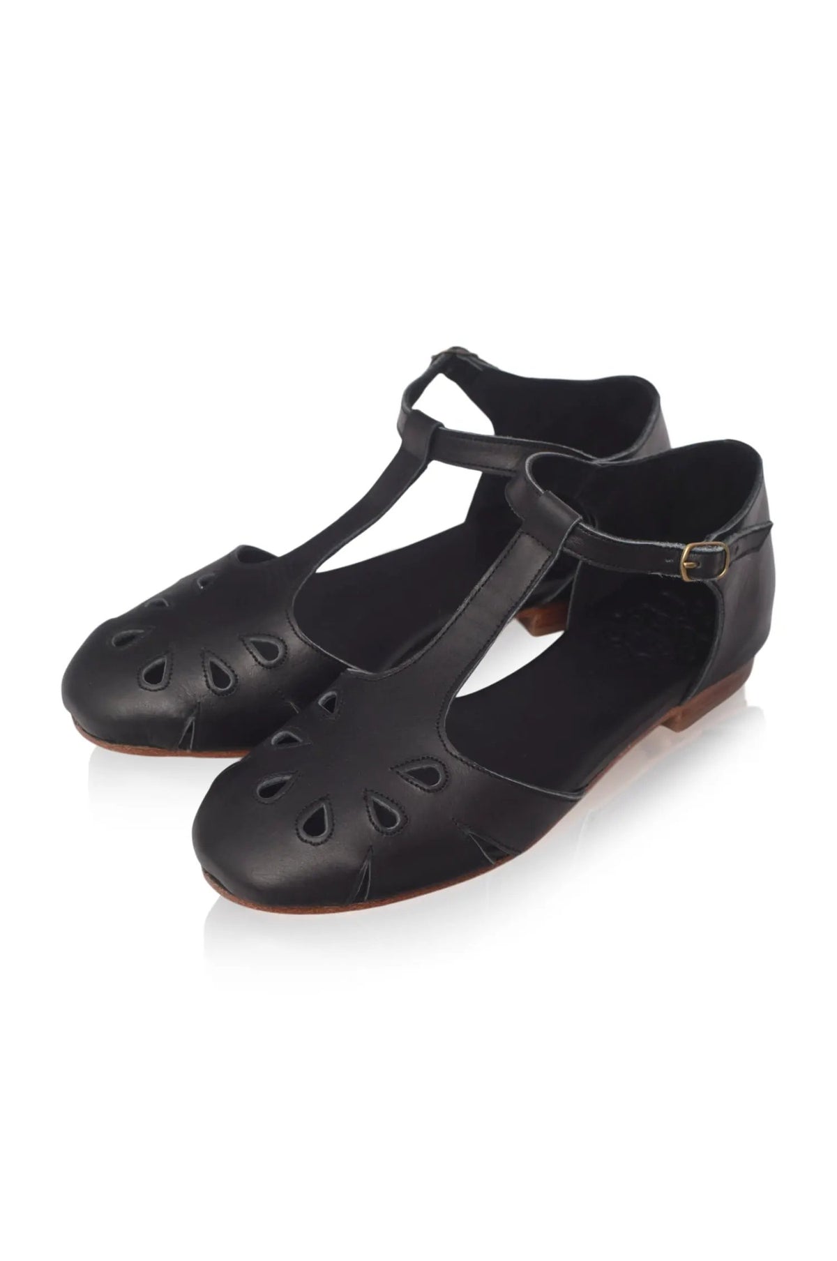 ELF Womens Premium Leather Flats With T Strap And Decorative Cutouts by ELF