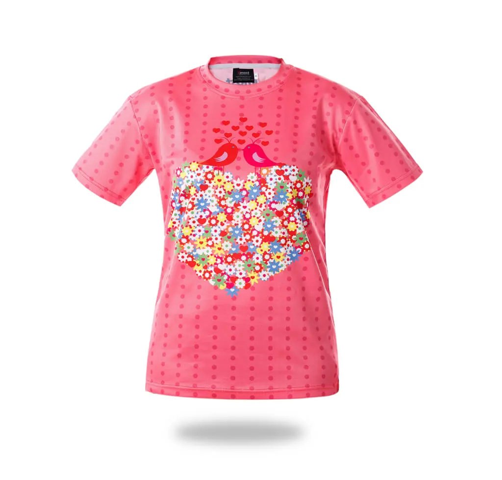Pink Floral Heart Bird Sublimation T-Shirt by Vimost Sportswear