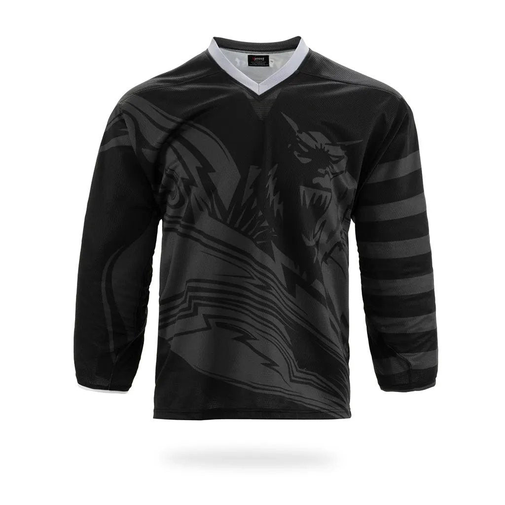 Custom Black Rampage Graphic Ice Hockey Jersey by Vimost Sportswear
