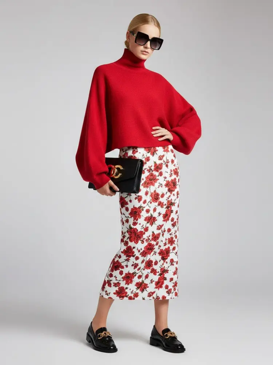Red Knit Sweater with Peris Neck and Puff Sleeves • BYMANYC ® New York by BYMANYC ® New York