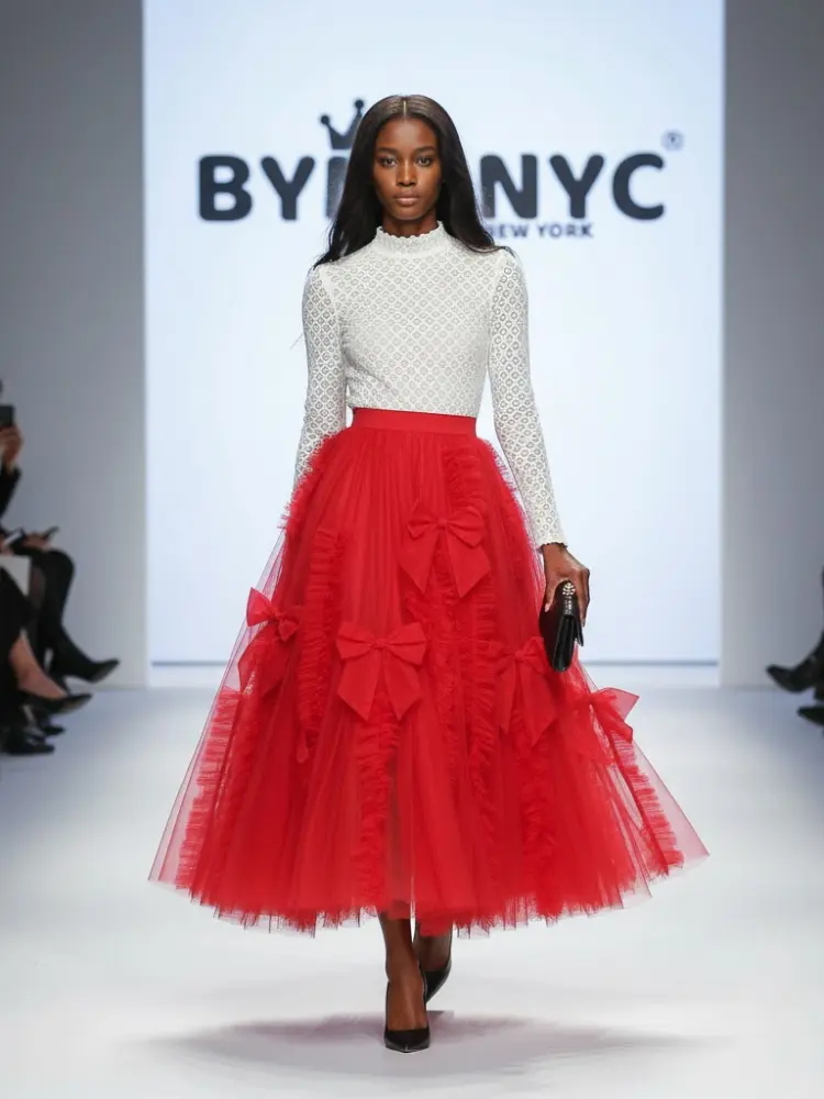 Red Tulle-Bow Midi Skirt SOHO: Prêt-à-Porter Line BYMANYC ® New York by BYMANYC ® New York